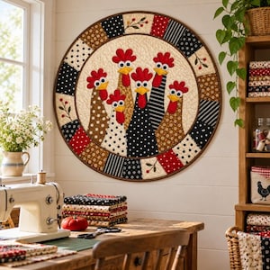 May include: A circular fabric wall hanging featuring a central applique of five chickens with red combs and yellow beaks. The chickens are surrounded by a border of alternating patchwork squares in black, white, red, and brown patterns.