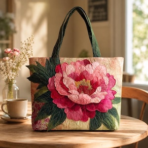 May include: A quilted tote bag featuring a large, dimensional pink and magenta peony flower appliqué with dark green leaves. The bag has a textured, light-colored background and two dark green fabric handles, showcasing detailed stitching throughout.