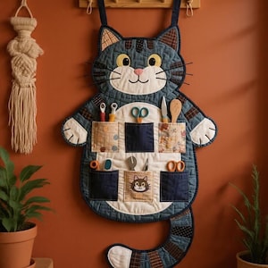 May include: A quilted wall organizer shaped like a cat, featuring a blue and brown patchwork design. It has six pockets containing various craft tools, including scissors and rotary cutters. The cat face has yellow eyes and a white muzzle.