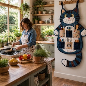 May include: A blue cat-shaped wall organizer made of quilted fabric with multiple pockets for kitchen utensils. The organizer features a cartoon cat face, a long curved tail, and various patterned fabric patches on the pockets, including one with a small cat illustration.
