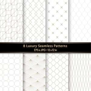 May include: A collection of eight seamless patterns featuring thin gold lines on a white background, including geometric circles, diamonds, and fan shapes. A black horizontal banner displays the text 8 Luxury Seamless Patterns EPS & JPG 12x12 in.