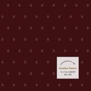 May include: A seamless pattern featuring a dark maroon background with a repeating grid of small, thin, gold-colored square symbols. A white square box in the bottom right corner contains the text: COMMERCIAL USE Seamless Pattern 12 x 12 in / 300 DPI JPG + EPS.