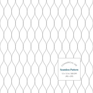 May include: A seamless pattern of thin, dark gray vertical wavy lines on a white background. A square box in the bottom right corner contains the text: COMMERCIAL USE, Seamless Pattern, 12 x 12 in / 300 DPI, JPG + EPS.