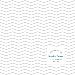 Puede incluir: Un patrón sin costuras con líneas finas en zigzag de color gris sobre un fondo blanco. Una etiqueta cuadrada en la esquina inferior derecha contiene el texto: COMMERCIAL USE, Seamless Pattern, 12 x 12 in / 300 DPI, JPG + EPS.