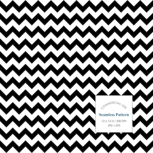Puede incluir: Un patrón sin costuras con un diseño de chevrón negro y blanco repetitivo. Un cuadrado blanco en la esquina inferior derecha contiene el texto: COMMERCIAL USE, Seamless Pattern, 30,48 x 30,48 cm / 300 DPI, JPG + EPS.