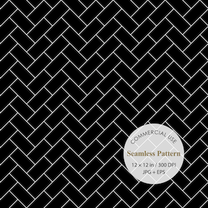Op de afbeelding: Een naadloos zwart-wit visgraatpatroon met rechthoekige tegels. Een cirkelvormige overlay bevat de tekst: COMMERCIAL USE, Seamless Pattern, 30,48 x 30,48 cm / 300 DPI, JPG + EPS. Het ontwerp bestaat uit herhalende geometrische lijnen.