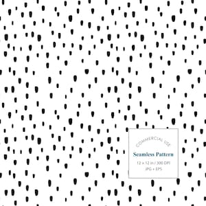 May include: A seamless pattern featuring small, irregular black brushstroke marks scattered across a solid white background. A square label in the bottom right corner contains the text: COMMERCIAL USE, Seamless Pattern, 12 x 12 in / 300 DPI, JPG + EPS.