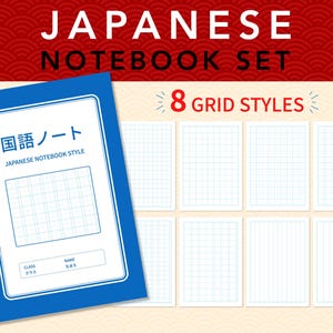 May include: A blue notebook with a white cover featuring the text Japanese Notebook Style and Japanese characters. The set includes eight different grid styles displayed as white pages with blue lines, designed for writing and organization.
