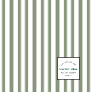 May include: A seamless pattern featuring vertical sage green stripes of varying widths separated by thin white lines. A square box in the corner contains the text: COMMERCIAL USE, Seamless Pattern, 12 x 12 in / 300 DPI, JPG + EPS.