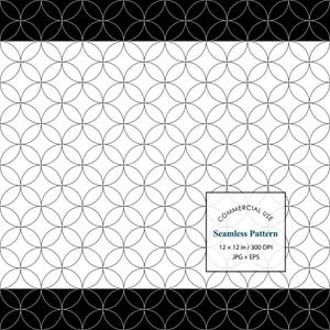 May include: A seamless pattern featuring a repeating geometric design of thin black intersecting circles on a white background. A square box in the lower right corner contains the text: COMMERCIAL USE Seamless Pattern 12 x 12 in / 300 DPI JPG + EPS.