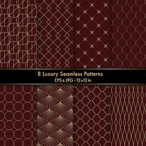 May include: A collection of eight seamless digital patterns featuring gold geometric line art on a deep burgundy background. The text 8 Luxury Seamless Patterns EPS & JPG 12x12 in is centered across the middle of the image.