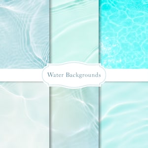 Peut inclure: Une collection de six arrière-plans d'eau distincts présentant des ondulations bleu clair, turquoise et blanches. Une bannière horizontale blanche centrale avec un cadre décoratif contient le texte bleu foncé Water Backgrounds, montrant diverses textures liquides.