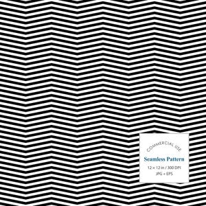 May include: A seamless pattern featuring a repeating black and white chevron zigzag design. A white square label in the corner contains the text: COMMERCIAL USE Seamless Pattern 30.48 x 30.48 cm / 300 DPI JPG + EPS.