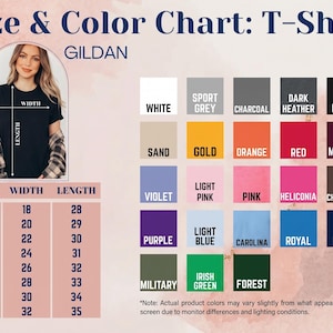 Puede incluir: Una tabla de tallas y colores para camisetas Gildan con una gu&iacute;a visual para medidas de ancho y largo en pulgadas. La tabla muestra veinticinco muestras de color con etiquetas que incluyen blanco, gris deportivo, carb&oacute;n, negro, arena, oro, naranja, rojo, granate, violeta, rosa claro, rosa, heliconia, chocolate oscuro, morado, azul claro, carolina, real, marino, militar, verde irland&eacute;s y bosque.