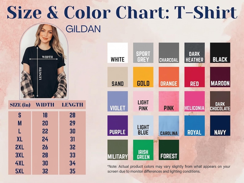 Puede incluir: Una tabla de tallas y colores para camisetas Gildan con una gu&iacute;a visual para medidas de ancho y largo en pulgadas. La tabla muestra veinticinco muestras de color con etiquetas que incluyen blanco, gris deportivo, carb&oacute;n, negro, arena, oro, naranja, rojo, granate, violeta, rosa claro, rosa, heliconia, chocolate oscuro, morado, azul claro, carolina, real, marino, militar, verde irland&eacute;s y bosque.