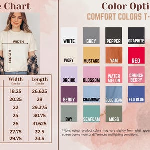 Puede incluir: Una tabla de tallas para camisetas Comfort Colors que muestra medidas de ancho y largo en pulgadas para las tallas S a 4XL. La imagen incluye una cuadr&iacute;cula de opciones de color con veinticinco tonos distintos etiquetados como blanco, pepper y navy.