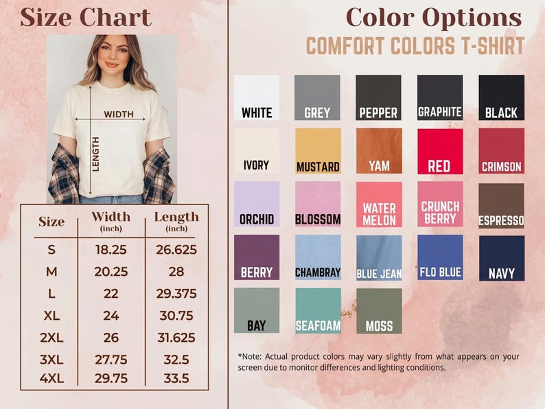 Puede incluir: Una tabla de tallas para camisetas Comfort Colors que muestra medidas de ancho y largo en pulgadas para las tallas S a 4XL. La imagen incluye una cuadr&iacute;cula de opciones de color con veinticinco tonos distintos etiquetados como blanco, pepper y navy.