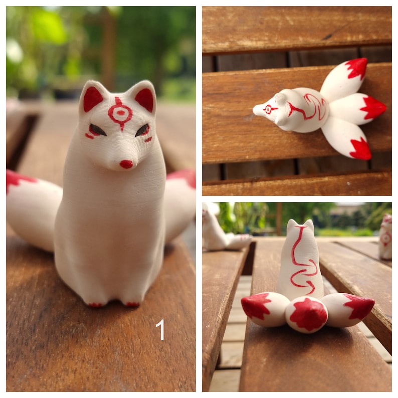 White Kitsune fox with 3 tails and red ornaments, Kitsune adopt me, mystic animal, shapeshifting Yokai, spirit fox, white fox, Japanese fox image 5
