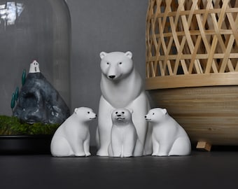 Polar bear figurine with cubs, bear sculpture, white bear, mamma bear with cubs, white bear family, miniature animals, art doll animal