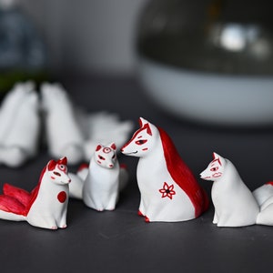 White Kitsune fox with 3 tails and red ornaments, Kitsune adopt me, mystic animal, shapeshifting Yokai, spirit fox, white fox, Japanese fox image 2