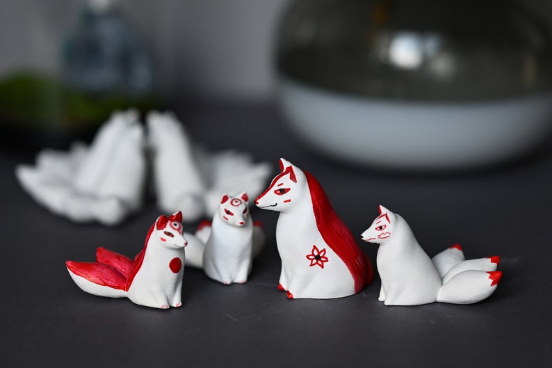 White Kitsune fox with 3 tails and red ornaments, Kitsune adopt me, mystic animal, shapeshifting Yokai, spirit fox, white fox, Japanese fox image 2