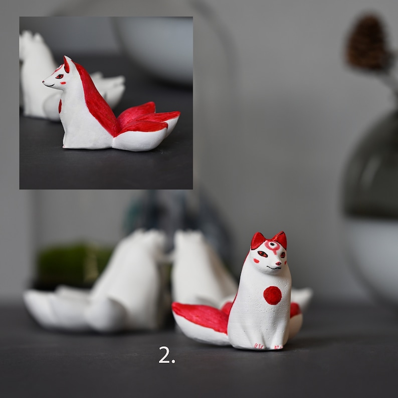 White Kitsune fox with 3 tails and red ornaments, Kitsune adopt me, mystic animal, shapeshifting Yokai, spirit fox, white fox, Japanese fox image 6