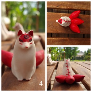 White Kitsune fox with 3 tails and red ornaments, Kitsune adopt me, mystic animal, shapeshifting Yokai, spirit fox, white fox, Japanese fox image 8