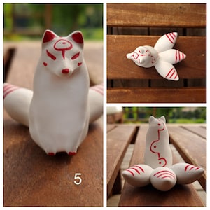 White Kitsune fox with 3 tails and red ornaments, Kitsune adopt me, mystic animal, shapeshifting Yokai, spirit fox, white fox, Japanese fox image 9