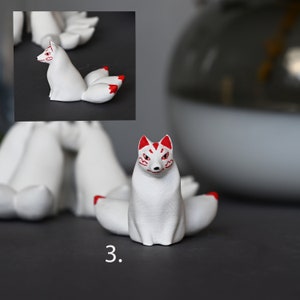 White Kitsune fox with 3 tails and red ornaments, Kitsune adopt me, mystic animal, shapeshifting Yokai, spirit fox, white fox, Japanese fox image 7