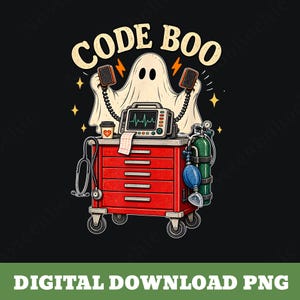 May include: A graphic illustration featuring a white ghost holding two defibrillator paddles above a red medical crash cart. The cart displays a heart monitor with a green EKG line, a stethoscope, a coffee cup, and an oxygen tank. Text reads CODE BOO.