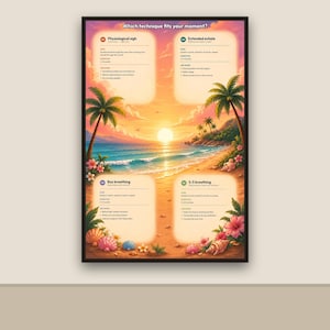 Könnte beinhalten: Ein rechteckiges Poster mit dem Titel Which technique fits your moment? zeigt einen tropischen Strand bei Sonnenuntergang mit Palmen und Muscheln. Es werden vier Atemtechniken aufgeführt: Physiological sigh, Extended exhale, Box breathing und 5-5 breathing.
