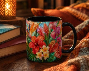 Taza de café y té de vitral con diseño de hibisco, plumeria y ave del paraíso.