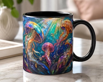 Taza de vidriera con diseño de medusas coloridas