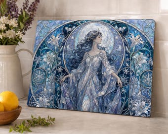 Tabla de cortar de cristal Art Nouveau "Doncella a la luz de la luna" / Diseño floral azul en vidriera