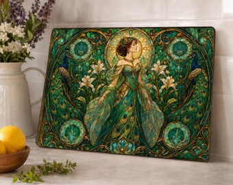 Tabla de cortar de cristal con figura de pavo real estilo Art Nouveau
