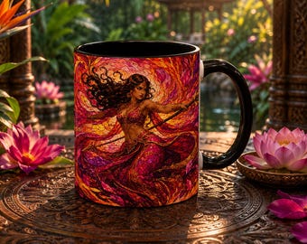 Taza de café y té de vitral con bailarina del vientre en llamas