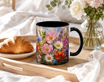 Taza de café o té de vidriera con diseño de ramo de flores silvestres