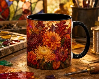 Taza de café o té de vidriera con diseño de ramo floral otoñal.