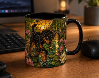 Taza de café con diseño de cachorro de rottweiler en un estanque de nenúfares y una rana / Estilo vidriera
