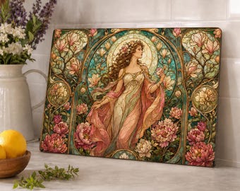 Tabla de cortar de cristal con diseño de musa Art Nouveau / Vidriera con mujer floral estilo vidriera