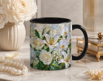 White Lily and Rose Floral Stained Glass Coffee or Tea Mug