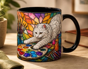 Taza de café con diseño de gato blanco pintado / Arte en vidrieras coloridas