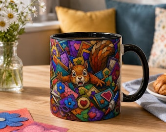 Taza de café o té con diseño de vidriera y ardilla para scrapbooking