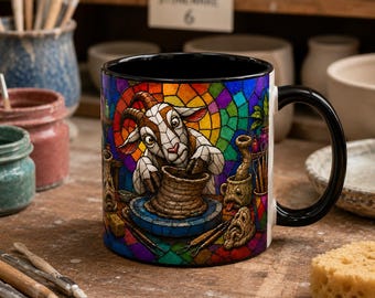 Taza de cerámica con diseño de cabra alfarera / Taza decorativa con ilustración de vidrieras