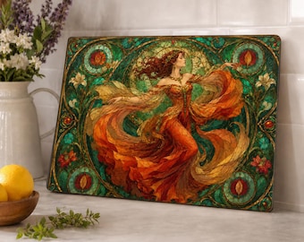Tabla de cortar de cristal con figura de mujer bailando al estilo Art Nouveau / Vidriera con motivo floral