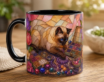 Taza de café de vitral con diseño de gato siamés, cuentas y joyas