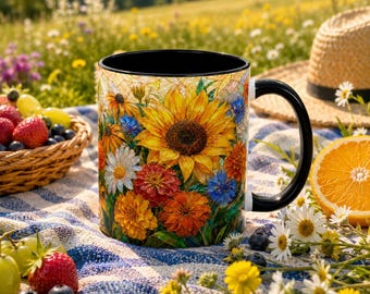 Taza de café o té de vidriera con diseño de ramo de girasoles