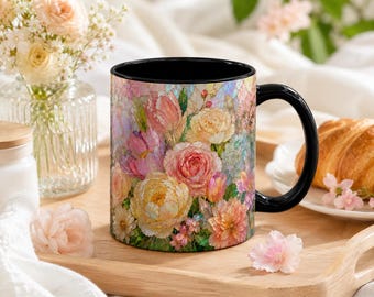 Taza de café o té vintage de vidrieras con diseño floral.