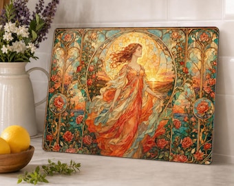 Tabla de cortar de cristal Art Nouveau Sunset Maiden / Decoración floral decorativa para la cocina