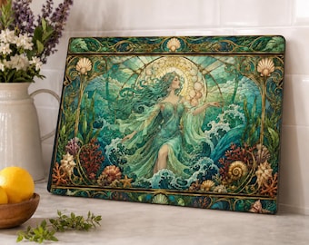 Tabla de cortar de cristal Art Nouveau con diseño de doncella marina / Decoración de cocina con sirena oceánica